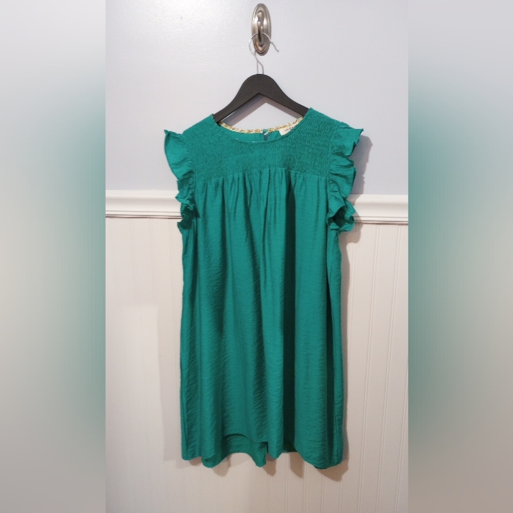 NWT Umgee Turquoise Boho Smocked Mini Dress • Flutter Sleeves • Size M - Picture 4 of 9
